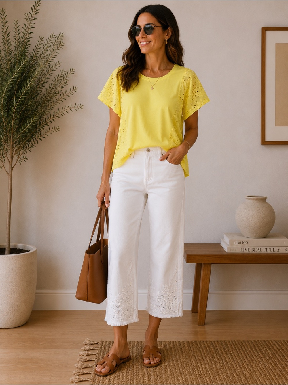 LOFT 100% Cotton Yellow Eyelet Sleeve Short Sleeve Tee